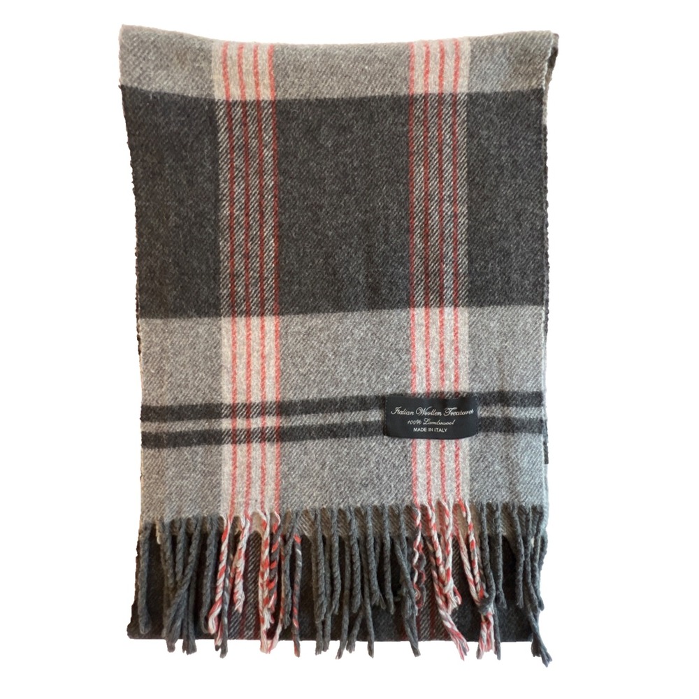 Lambswool Scarf Plaid Italian Woollen Treasures Black Gray Red Cozy Soft Warm